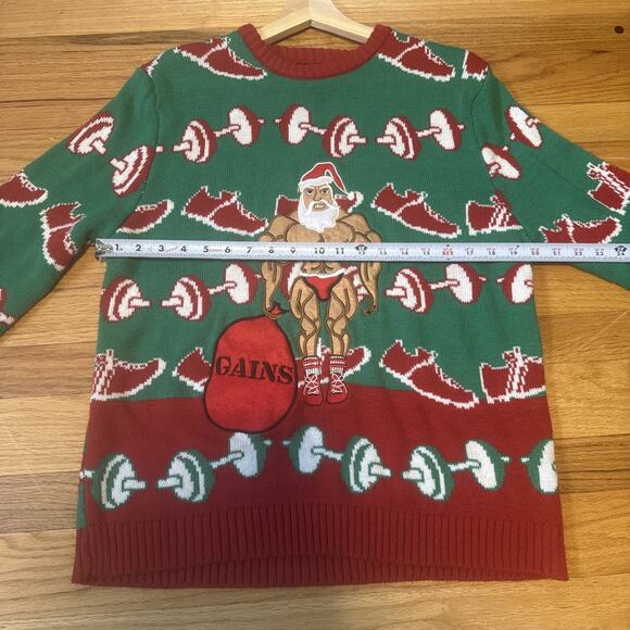 Blizzard Bay Santa Claus Weight Lifting Gains Green Ugly Christmas Sweater Sz L - Picture 5 of 7
